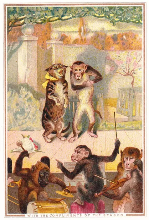 Framed Print : Monkey and cat duet on a Christmas card Framed Print : Monkey and cat duet on a Christmas card