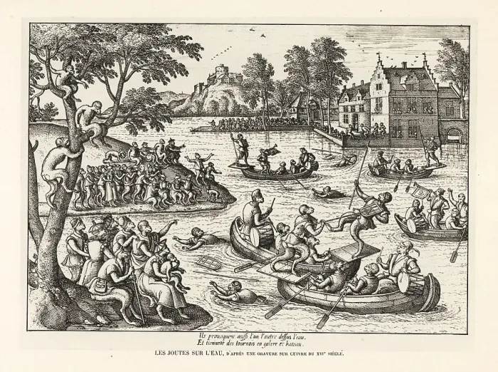 Framed Print : Monkeys on boats competing in a water joust, 16th century Framed Print : Monkeys on boats competing in a water joust, 16th century