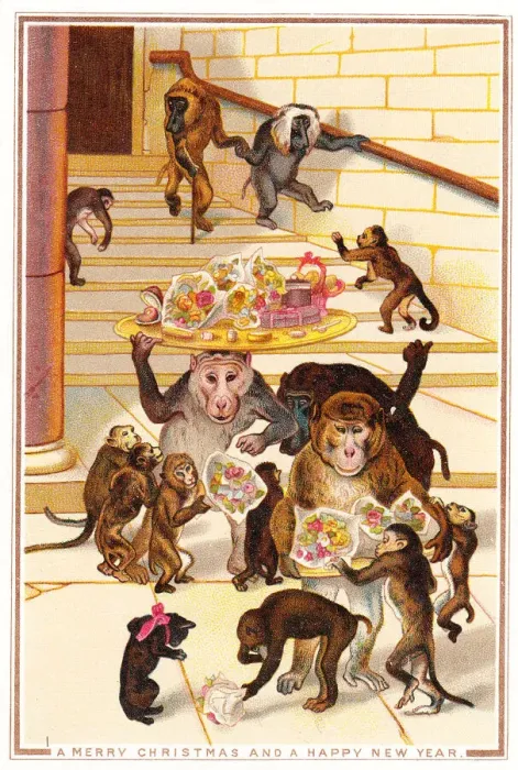Framed Print : Monkeys bringing gifts to a kitten on a Christmas card Framed Print : Monkeys bringing gifts to a kitten on a Christmas card