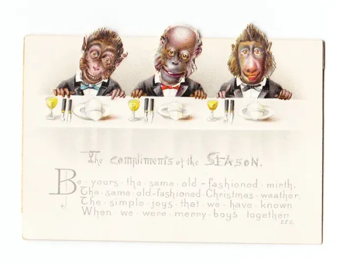 Framed Print : Three monkeys with moveable heads on a Christmas card Framed Print : Three monkeys with moveable heads on a Christmas card