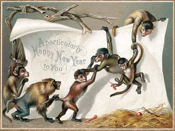 Six monkeys on a New Year card