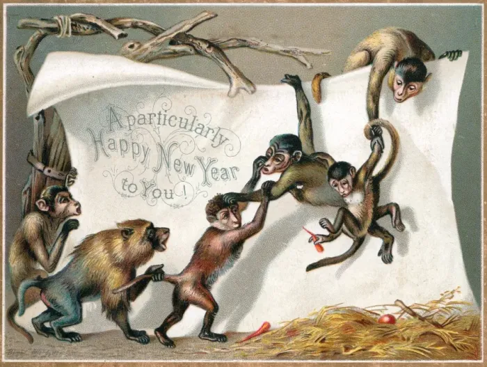 Framed Print : Six monkeys on a New Year card Framed Print : Six monkeys on a New Year card