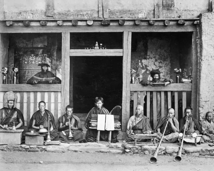 Framed Print : Monks with musical instruments, northern India Framed Print : Monks with musical instruments, northern India