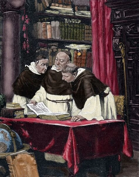 Monks reading a copy of the Gutenberg Bible