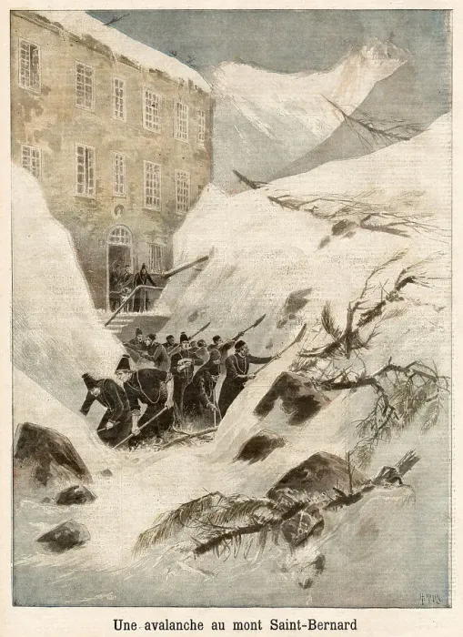 Framed Print : The monks of Saint-Bernard clear snow after an avalanche blocks the pass and prevents access to their monastery Date: 1897 Framed Print : The monks of Saint-Bernard clear snow after an avalanche blocks the pass and prevents access to their monastery Date: 1897
