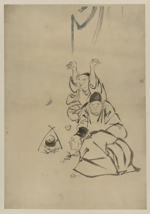 Framed Print : Three monks or travelers lighting a fire beneath a teapot Framed Print : Three monks or travelers lighting a fire beneath a teapot