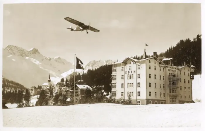 Framed Print : Monoplane over Eden Hotel, Arosa, Grisons, Switzerland Framed Print : Monoplane over Eden Hotel, Arosa, Grisons, Switzerland