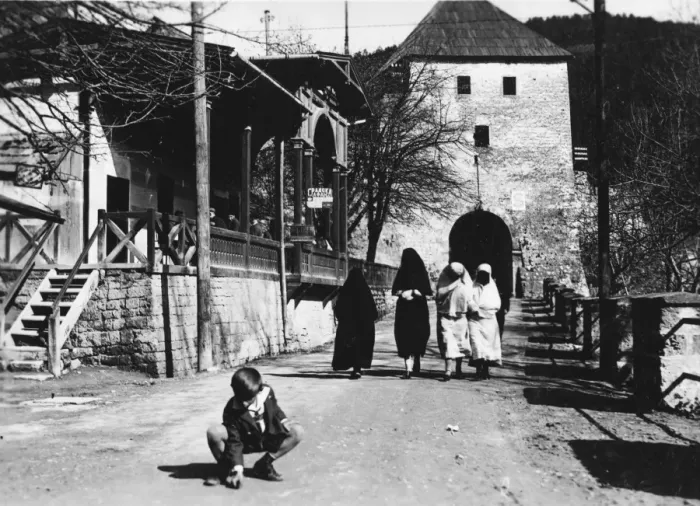 Framed Print : Montenegrin Street Scene with veiled women Framed Print : Montenegrin Street Scene with veiled women