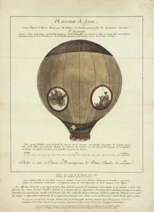 Framed Print : Montgolfier balloon, ascent over Lyons, France Framed Print : Montgolfier balloon, ascent over Lyons, France