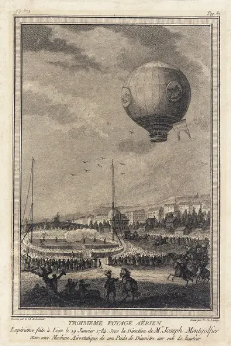 Framed Print : Montgolfier balloon in flight over Lyons, France Framed Print : Montgolfier balloon in flight over Lyons, France