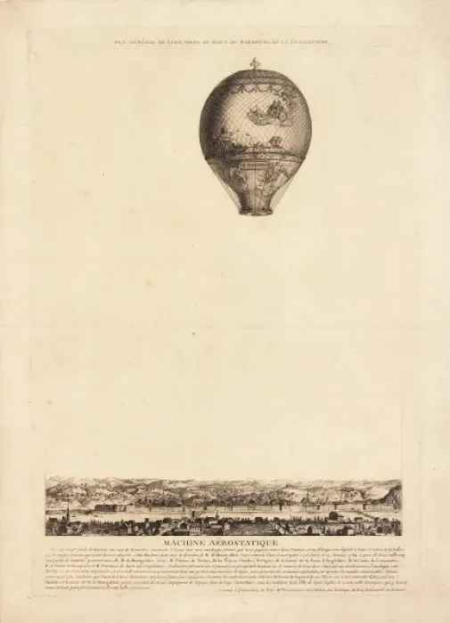 Framed Print : Montgolfier balloon in flight over Lyons, France Framed Print : Montgolfier balloon in flight over Lyons, France