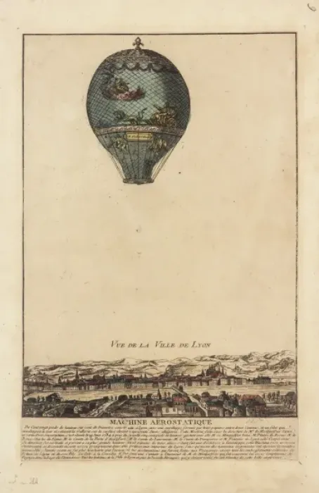 Framed Print : Montgolfier balloon in flight over Lyons, France Framed Print : Montgolfier balloon in flight over Lyons, France