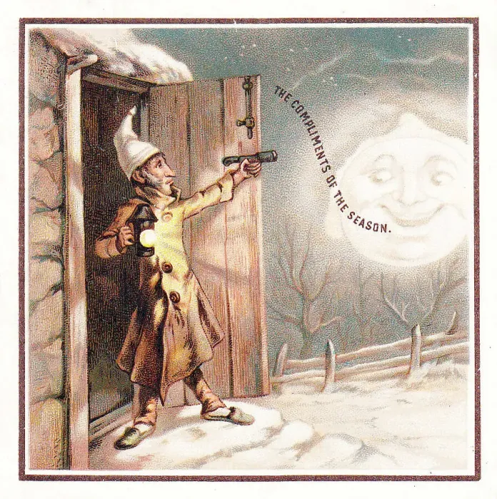 Framed Print : Full moon and man on a Christmas card Framed Print : Full moon and man on a Christmas card