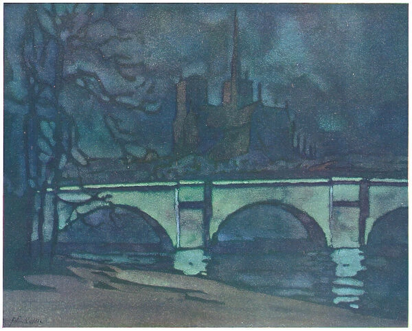 Moonlight. A painting of a river bridge lit by the moonlight