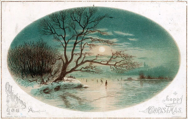 Moonlit scene with skaters on a Christmas card