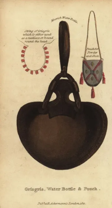 Framed Print : Moorish grisgris, water bottle and pouch, Senegal Framed Print : Moorish grisgris, water bottle and pouch, Senegal
