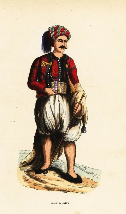 Framed Print : Moorish man in turban, jacket, culottes, holding a cane, Algiers Framed Print : Moorish man in turban, jacket, culottes, holding a cane, Algiers