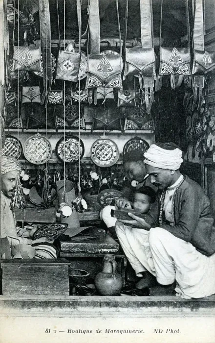 Framed Print : Morocco - a leather goods boutique / shop / stall