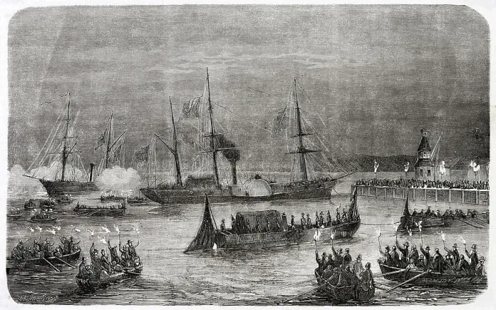 Framed Print : The mortal remains of Frederik VII are brought to Copenhagen. Date: 1864 Framed Print : The mortal remains of Frederik VII are brought to Copenhagen. Date: 1864