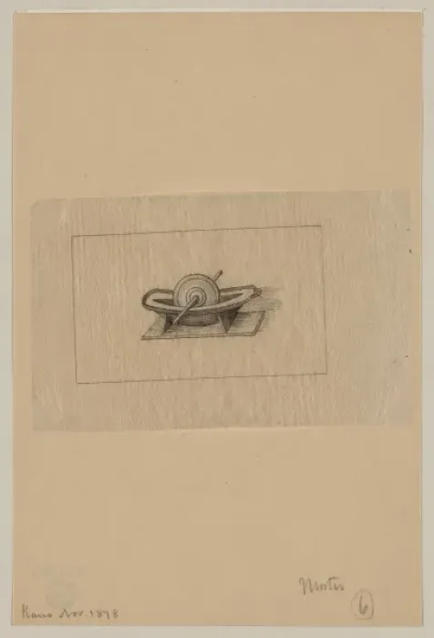 Framed Print : Mortar. Drawing shows a stone(?) wheel pestle on a spool in a tray; mortar and pestle Framed Print : Mortar. Drawing shows a stone(?) wheel pestle on a spool in a tray; mortar and pestle