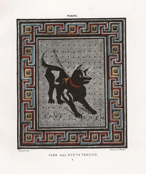 Mosaic of a guard dog on a chain from