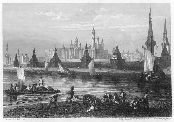 Moscow View. Towers and spires of the Moscow Kremlin, seen across the river