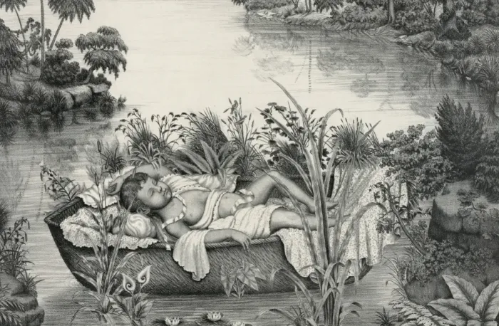 Framed Print : Moses. Print showing Moses as an infant floating in a basket on a river Framed Print : Moses. Print showing Moses as an infant floating in a basket on a river