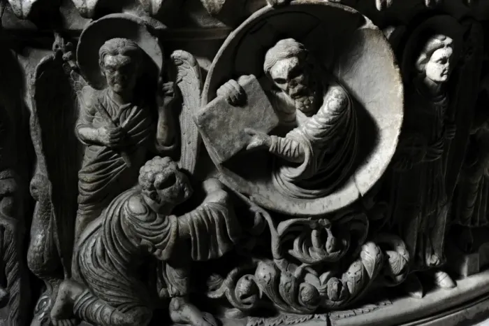 Framed Print : Moses receives the Law. Baptismal font. 12th century. Basili Framed Print : Moses receives the Law. Baptismal font. 12th century. Basili