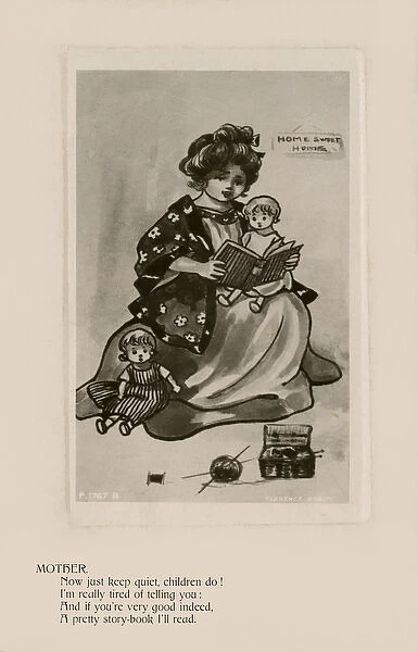 Mother. Pretty young girl pretending to be mother reading to her dolls