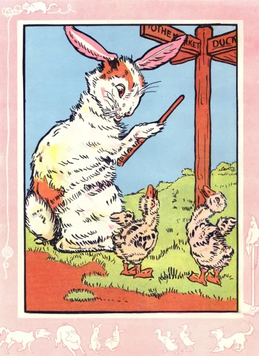 Framed Print : Mother Bunny gives directions to two goslings Framed Print : Mother Bunny gives directions to two goslings
