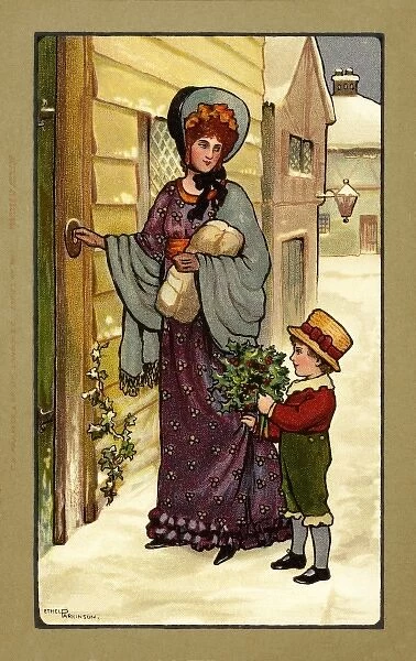 Mother and child bearing Christmas gifts