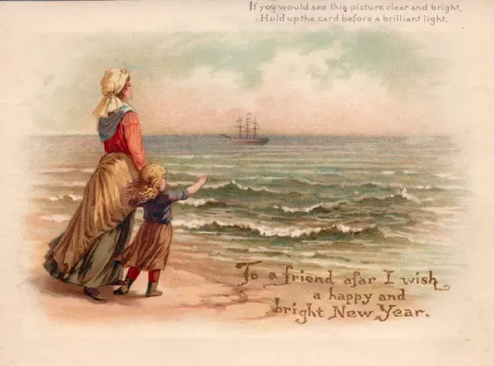 Framed Print : Mother and child watching a ship on a New Year card Framed Print : Mother and child watching a ship on a New Year card