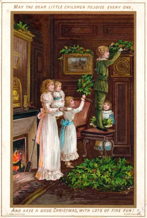Framed Print : Mother and four children on a Christmas card Framed Print : Mother and four children on a Christmas card