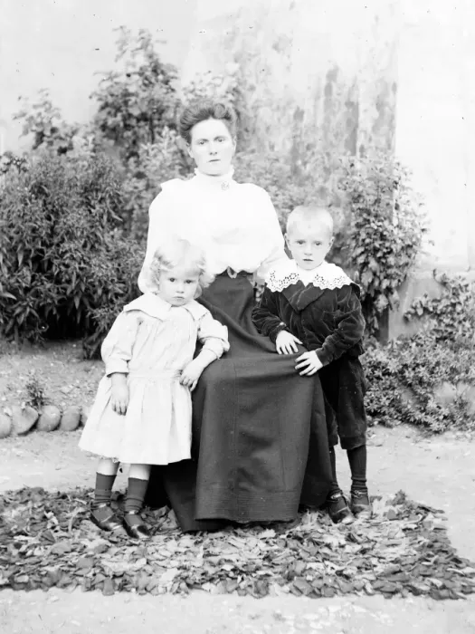 Framed Print : Mother and two children in a garden, Mid Wales Framed Print : Mother and two children in a garden, Mid Wales