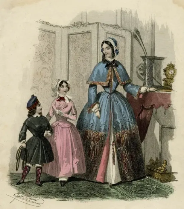 Framed Print : Mother and two children in the latest French fashions Framed Print : Mother and two children in the latest French fashions