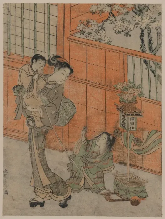Framed Print : Mother and children pulling a toy float of the Kanda parade Framed Print : Mother and children pulling a toy float of the Kanda parade