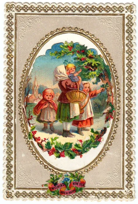 Framed Print : Mother and children in the snow on a New Year card Framed Print : Mother and children in the snow on a New Year card