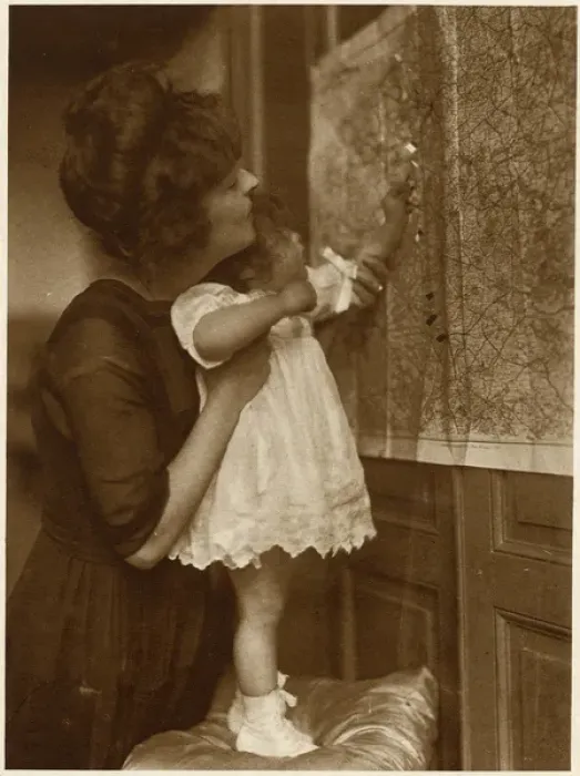 Framed Print : Mother and daughter with map, Bonjour Papa! WW1 Framed Print : Mother and daughter with map, Bonjour Papa! WW1
