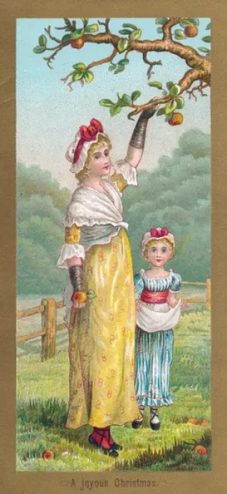 Framed Print : Mother and daughter in an orchard on a Christmas card Framed Print : Mother and daughter in an orchard on a Christmas card