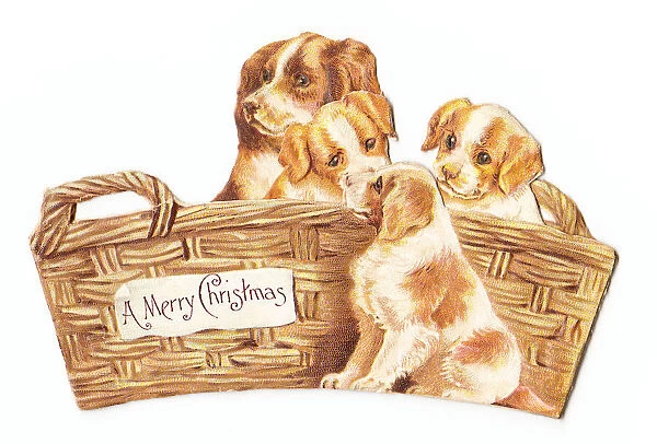 Mother dog and puppies in basket on a cutout Christmas card