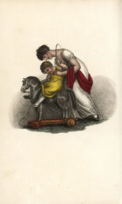 Framed Print : Mother giving her child a riding lesson Framed Print : Mother giving her child a riding lesson