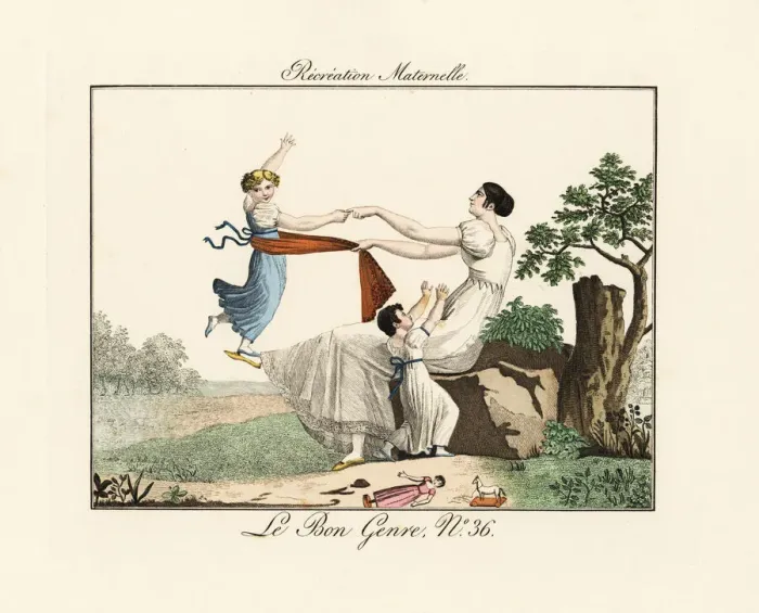 Framed Print : Mother playing with daughters in a garden Framed Print : Mother playing with daughters in a garden