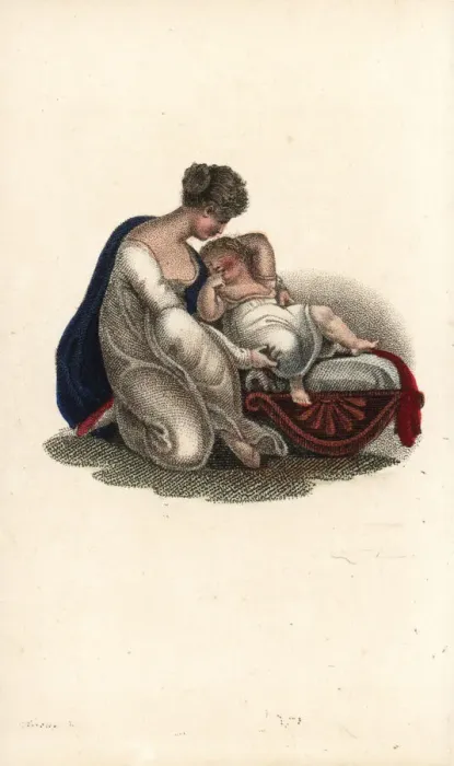 Framed Print : Mother putting her child into a cradle