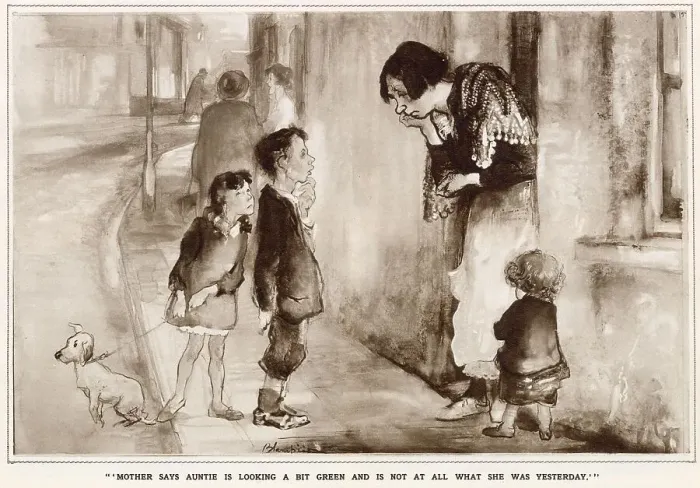 Framed Print : Mother Says Auntie is Looking a Bit Green and is not all what she was Yesterday. Children report on their aunty's health to an adult, possibly a nurse / other family member. Date: 1933 Framed Print : Mother Says Auntie is Looking a Bit Green and is not all what she was Yesterday. Children report on their aunty's health to an adult, possibly a nurse / other family member. Date: 1933