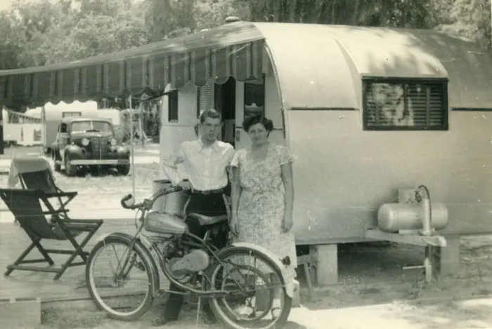 Framed Print : A mother and her son at a campsite or caravan park, pose for a photograph beside their Framed Print : A mother and her son at a campsite or caravan park, pose for a photograph beside their