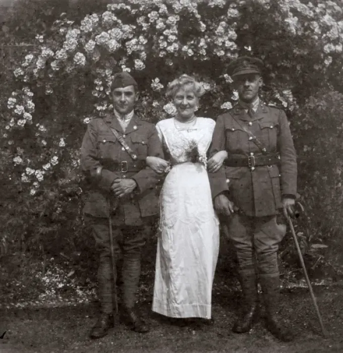 Framed Print : Mother and two sons in a garden, WW1 Framed Print : Mother and two sons in a garden, WW1