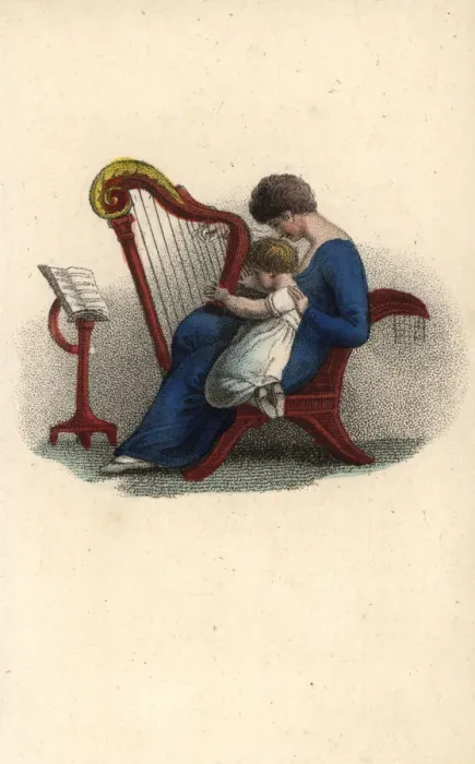Framed Print : Mother teaching her child to play the harp in a music lesson Framed Print : Mother teaching her child to play the harp in a music lesson