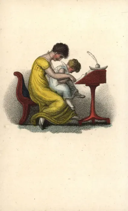 Framed Print : Mother teaching her child to write at a writing desk Framed Print : Mother teaching her child to write at a writing desk