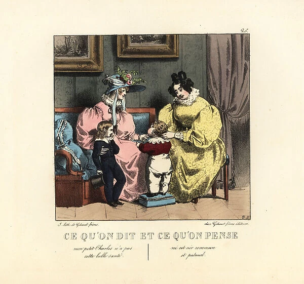 Two mothers in a parlor with their sons, 19th century