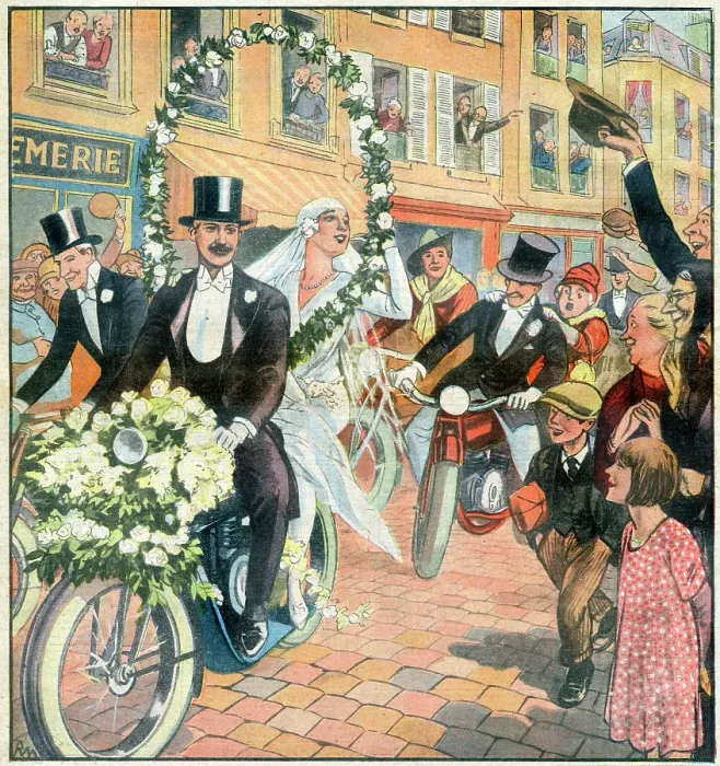 Framed Print : A motor-cycle wedding - not only the bride and groom, but all the guests take part in a procession which entertains passers by in Lilas, Paris Date: 1928 Framed Print : A motor-cycle wedding - not only the bride and groom, but all the guests take part in a procession which entertains passers by in Lilas, Paris Date: 1928